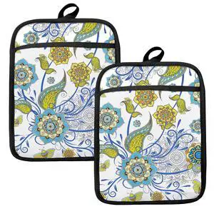 Boho Floral Oven Mitts Set, Vintage Luxury Blue and Gold Flower Floral Heat Resistant Kitchen Oven Gloves for Baking and Cooking,Pot Holders Boho Floral Oven Mitts Set, Vintage Luxury Blue and Gold Flower Floral Heat Resistant Kitchen Oven Gloves for Baking and Cooking,Pot Holders