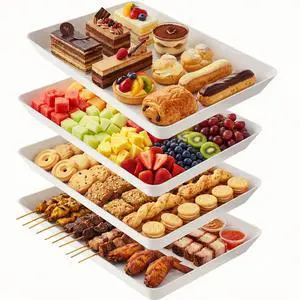 4-Pack Serving Tray, Serving Platter for Parties, Entertaining, Camping & Food Display, Reusable & Stackable Plastic Trays in Kitchen, Rectangular Food Platters for Cookie, Appetizer(White) 4-Pack Serving Tray, Serving Platter for Parties, Entertaining, Camping & Food Display, Reusable & Stackable Plastic Trays in Kitchen, Rectangular Food Platters for Cookie, Appetizer(White)