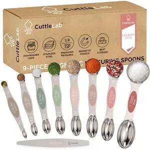 Magnetic Measuring Spoons Set - Stainless Steel, Double Ended, Stackable & Nested Design for Dry and Liquid Ingredients, Ideal for Spice Jars, 9-Piece Set with Leveler (Country Chic) Magnetic Measuring Spoons Set - Stainless Steel, Double Ended, Stackable & Nested Design for Dry and Liquid Ingredients, Ideal for Spice Jars, 9-Piece Set with Leveler (Country Chic)