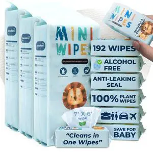 Travel Baby Wipes - 100% Plant-Based Bamboo, Safe for Babies & Sensitive Skin, Unscented, Alcohol-Free, Hypoallergenic, Leak-Proof, Eco-Friendly, 7x5.6 Inch, Moist Up to 30 Days 192 Wipes (Sky Lion) Travel Baby Wipes - 100% Plant-Based Bamboo, Safe for Babies & Sensitive Skin, Unscented, Alcohol-Free, Hypoallergenic, Leak-Proof, Eco-Friendly, 7x5.6 Inch, Moist Up to 30 Days 192 Wipes (Sky Lion)