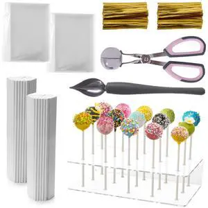 Cake Pop Kit Including 200 pcs 6 inch Lollipop Sticks and 200 pcs Clear Wrappers, 15 hole Clear Acrylic Display Stand, 1 pcs Metal Baller Scoop, 1 pcs Culinary Decorating Scooper, Gold Twist Ties Cake Pop Kit Including 200 pcs 6 inch Lollipop Sticks and 200 pcs Clear Wrappers, 15 hole Clear Acrylic Display Stand, 1 pcs Metal Baller Scoop, 1 pcs Culinary Decorating Scooper, Gold Twist Ties