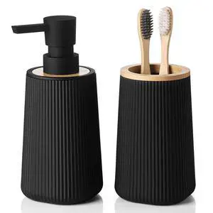Bathroom Accessories Set 2 Piece Soap Dispenser and Toothbrush Holder for Bathroom Countertop Striped Black and Bamboo Bathroom Accessories Set 2 Piece Soap Dispenser and Toothbrush Holder for Bathroom Countertop Striped Black and Bamboo
