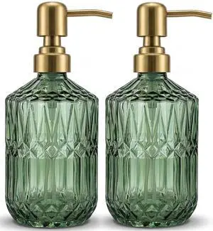 2-Pack Green Hand Soap Dispenser with Gold Stainless Steel Pump, Refillable Glass Soap Dispenser for Bathroom, Vintage Kitchen Soap Dispenser for Liquid Hand Soap, Lotion, Body Wash (14 OZ) 2-Pack Green Hand Soap Dispenser with Gold Stainless Steel Pump, Refillable Glass Soap Dispenser for Bathroom, Vintage Kitchen Soap Dispenser for Liquid Hand Soap, Lotion, Body Wash (14 OZ)