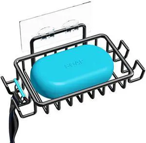 Soap Dish Holder with 4 Hooks Stainless Steel Black Adhesive for Shower, Bathroom Soap Dish Holder with 4 Hooks Stainless Steel Black Adhesive for Shower, Bathroom