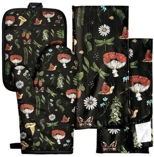 270 GSM Cotton Kitchen Towels, Oven Mitt and Pot Holder - 4 Pack Kitchen Decor and Accessories Set Cute Farmhouse Boho Quilted Lining Heat Resistant Set with Hanging Loop, Black Mushroom 270 GSM Cotton Kitchen Towels, Oven Mitt and Pot Holder - 4 Pack Kitchen Decor and Accessories Set Cute Farmhouse Boho Quilted Lining Heat Resistant Set with Hanging Loop, Black Mushroom