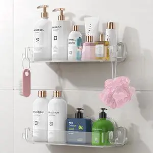 2 Pack Acrylic Shower Caddy Adhesive, No Drilling Bathroom Shower Organizers, with 4 Removable Hooks, Wall Mounted Shower Shelves, Acrylic Shower Holder Storage for Bathroom, Dorm, Kitchen 2 Pack Acrylic Shower Caddy Adhesive, No Drilling Bathroom Shower Organizers, with 4 Removable Hooks, Wall Mounted Shower Shelves, Acrylic Shower Holder Storage for Bathroom, Dorm, Kitchen