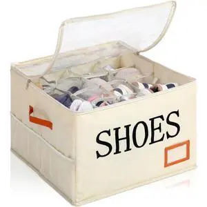 Shoe Organizer for Closet Fits 16 Pairs Fabric Large Foldable Shoe Storage Box with Handles and Clear Cover Mesh Bags Printed SHOES Text for Closet Organizer Sneakers Heels Slippers Shoe Organizer for Closet Fits 16 Pairs Fabric Large Foldable Shoe Storage Box with Handles and Clear Cover Mesh Bags Printed SHOES Text for Closet Organizer Sneakers Heels Slippers
