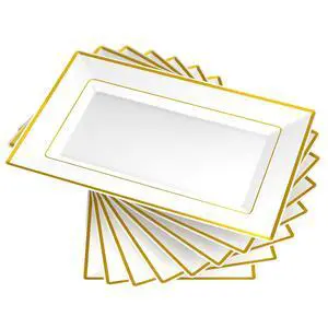 8 PCS Plastic Serving Trays, White and Gold Rim Plastic Serving Platters, Disposable Tray for Food, Perfect for Wedding Parties 8 PCS Plastic Serving Trays, White and Gold Rim Plastic Serving Platters, Disposable Tray for Food, Perfect for Wedding Parties