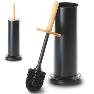 Toilet Bowl Brush and Holder, Toilet Brush with Bamboo Handle and Covered Holder, Dual Brush Options, Weighted Metal Base (Black) Toilet Bowl Brush and Holder, Toilet Brush with Bamboo Handle and Covered Holder, Dual Brush Options, Weighted Metal Base (Black)