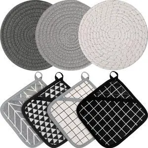 7 Pcs Kitchen Pot Holders and Heat Resistant Pocket Mitt with Hanging Loop Washable Square Hot Pot Holder Round Woven Hot Pads for Kitchen Cooking Dinning Baking, Black, White and Gray 7 Pcs Kitchen Pot Holders and Heat Resistant Pocket Mitt with Hanging Loop Washable Square Hot Pot Holder Round Woven Hot Pads for Kitchen Cooking Dinning Baking, Black, White and Gray