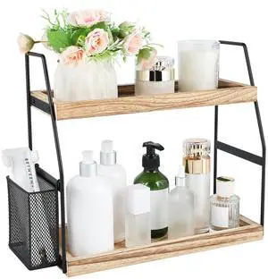 Bathroom Counter Organizer, 2-Tier Standing Storage Shelf with Basket, Wood Tray for Skincare Vanity Organizer Bathroom Counter Organizer, 2-Tier Standing Storage Shelf with Basket, Wood Tray for Skincare Vanity Organizer