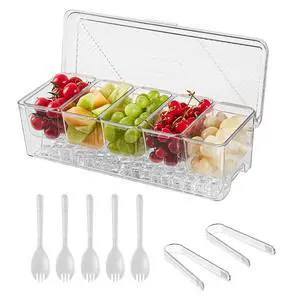 Ice Chilled Condiment Caddy,Stackable Chilled Condiment Containers,Serving Platters with Lid and 5 Removable Compartments,Set of 5 Serving Spoons & 2 Clips (1pack) Ice Chilled Condiment Caddy,Stackable Chilled Condiment Containers,Serving Platters with Lid and 5 Removable Compartments,Set of 5 Serving Spoons & 2 Clips (1pack)