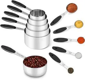 Stainless Steel Measuring Cups and Spoons Set of 10 Piece, Nesting Metal Measuring Cups Set with Soft Touch Silicone Handles for Dry and Liquid Ingredients, Cooking & Baking (Black) Stainless Steel Measuring Cups and Spoons Set of 10 Piece, Nesting Metal Measuring Cups Set with Soft Touch Silicone Handles for Dry and Liquid Ingredients, Cooking & Baking (Black)