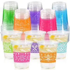 50 Pack Fiesta Plastic Cups, Mexican Papel Picado Disposable Clear Cups with 5 Pattern Designs for Cinco de Mayo, Taco Theme Birthday Party Decorations, 12OZ 50 Pack Fiesta Plastic Cups, Mexican Papel Picado Disposable Clear Cups with 5 Pattern Designs for Cinco de Mayo, Taco Theme Birthday Party Decorations, 12OZ