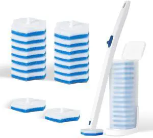 Disposable Toilet Brush Set with Holder, White and Blue, Includes 16 Cleaning Refills (1+16 Refills) Disposable Toilet Brush Set with Holder, White and Blue, Includes 16 Cleaning Refills (1+16 Refills)