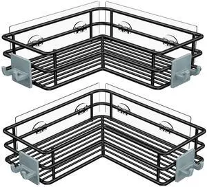 Adhesive Corner Shower Caddy Shelf Basket Rack with Hooks, Rust Proof Stainless Steel Bathroom Shelf Shampoo Holder No Drilling (Black) Adhesive Corner Shower Caddy Shelf Basket Rack with Hooks, Rust Proof Stainless Steel Bathroom Shelf Shampoo Holder No Drilling (Black)