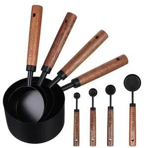 Steel Measuring Cups Set and Measuring Spoons Wooden Handle Metal Measure Cups and Spoons for Cooking and Baking, 8 Piece Steel Measuring Cups Set and Measuring Spoons Wooden Handle Metal Measure Cups and Spoons for Cooking and Baking, 8 Piece