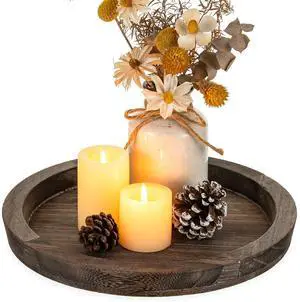Wooden Tray for Coffee Table: Candle Holder Plate Round Decorative Serving Tray - Vintage Table Centerpiece Rustic Farmhouse Home Decor Wooden Tray for Coffee Table: Candle Holder Plate Round Decorative Serving Tray - Vintage Table Centerpiece Rustic Farmhouse Home Decor