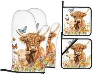 Highland Cow Flower Oven Mitts with Matching Potholders - Heat Resistant Kitchen Accessories for Baking, Grilling, Cooking, Gifts for Women Highland Cow Flower Oven Mitts with Matching Potholders - Heat Resistant Kitchen Accessories for Baking, Grilling, Cooking, Gifts for Women