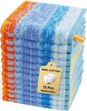 12-Pack Cotton Washcloths for Bathroom, Hanging Loops, Colorful Striped 12-Pack Cotton Washcloths for Bathroom, Hanging Loops, Colorful Striped