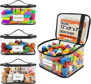 3 Packs Extra Large Clear Toy Storage Bags with Name Tags and Mesh Pocket, Waterproof PVC Organizer for Toys, Board Games, Building Blocks, Puzzles, Dolls (Black Edges) 3 Packs Extra Large Clear Toy Storage Bags with Name Tags and Mesh Pocket, Waterproof PVC Organizer for Toys, Board Games, Building Blocks, Puzzles, Dolls (Black Edges)