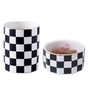 Aesthetic Desk Organizer Set of 2 For Office, Pen Holder and Paper Clip Holder Dispenser, Checkered Ceramic Cute Pencil Cup Pot, Desktop Accessories, Office Decor, Ideal Gifts (Black) Aesthetic Desk Organizer Set of 2 For Office, Pen Holder and Paper Clip Holder Dispenser, Checkered Ceramic Cute Pencil Cup Pot, Desktop Accessories, Office Decor, Ideal Gifts (Black)