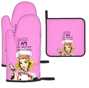 Funny Oven Mitts and Pot Holders Sets, Cute Kitchen Oven Mitts Heat Resistant Set of 3, Pink Kitchen Gloves Hot Pads, Funny Baker Gifts for Baking Lovers Women Funny Oven Mitts and Pot Holders Sets, Cute Kitchen Oven Mitts Heat Resistant Set of 3, Pink Kitchen Gloves Hot Pads, Funny Baker Gifts for Baking Lovers Women