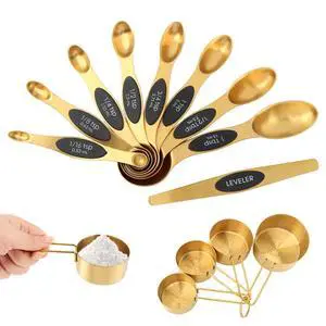 Gold Measuring Cups and Spoons Set, 13-Piece Stainless Steel, 4 Nesting Cups + 8 Double-Sided Measuring Spoons + Leveler, Engraved Sizes, Gold Finish for Cooking and Baking Gold Measuring Cups and Spoons Set, 13-Piece Stainless Steel, 4 Nesting Cups + 8 Double-Sided Measuring Spoons + Leveler, Engraved Sizes, Gold Finish for Cooking and Baking