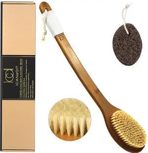 17.71Inch Natural Boar Bristles Anti-Slip Long Handle Bath Brush,Bent Handle Shower Scrubber for Exfoliating,Shower Back Brush,Exfoliation Set with Pumice Stone (1 Pack) 17.71Inch Natural Boar Bristles Anti-Slip Long Handle Bath Brush,Bent Handle Shower Scrubber for Exfoliating,Shower Back Brush,Exfoliation Set with Pumice Stone (1 Pack)