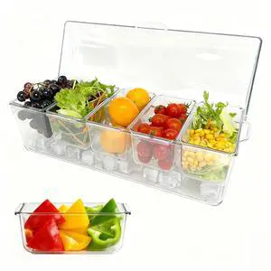 Ice Chilled Condiment Server, 5 Removable Compartments Condiment Containers with Lids Drain Plug, Clear Garnish Tray Serving Platter Holder for Caddy Fruit Snack Sauce Taco Salad Bar Supplies Ice Chilled Condiment Server, 5 Removable Compartments Condiment Containers with Lids Drain Plug, Clear Garnish Tray Serving Platter Holder for Caddy Fruit Snack Sauce Taco Salad Bar Supplies
