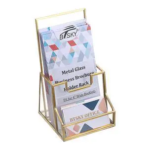 Golden Glass Brochure Holder for 4" Wide Trifold Handouts, Countertop Pamphlet Flyer Holder Display Stand with Business Card Holder, Clear Elegant Brochure Display Stand for Magazine Booklets Golden Glass Brochure Holder for 4" Wide Trifold Handouts, Countertop Pamphlet Flyer Holder Display Stand with Business Card Holder, Clear Elegant Brochure Display Stand for Magazine Booklets