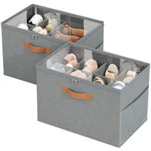 2 Pack Shoe Organizer for Closet,Foldable Shoe Storage Organizer with Adjustable Dividers, Shoe Storage Box with Clear Cover, Fits up to 16 Pairs, Gray 2 Pack Shoe Organizer for Closet,Foldable Shoe Storage Organizer with Adjustable Dividers, Shoe Storage Box with Clear Cover, Fits up to 16 Pairs, Gray