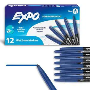 Wet Erase Markers, Semi-Permanent, Blue, Fine Tip, 12 Count - For Writing on Glass, Whiteboards, Mirrors, Calendar, Labeling, Organizing Wet Erase Markers, Semi-Permanent, Blue, Fine Tip, 12 Count - For Writing on Glass, Whiteboards, Mirrors, Calendar, Labeling, Organizing