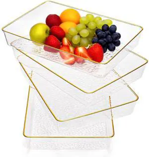 4 Pack Clear Serving Trays, Deep Serving Platters Rectangle 12'' x 8'', Decorative Tray with Gold Rim, Reusable Plastic Tray Organizer for Coffee Table Pantry Party Food Display Spill Proof 4 Pack Clear Serving Trays, Deep Serving Platters Rectangle 12'' x 8'', Decorative Tray with Gold Rim, Reusable Plastic Tray Organizer for Coffee Table Pantry Party Food Display Spill Proof