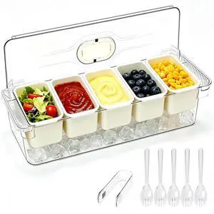 Ice Chilled Condiment Caddy Containers Server with Lid,Serving Fruit Tray Platter with 5 Removable Compartments,Garnish Tray for Party Supplies & Bar Accessories for Taco,Salad Ice Chilled Condiment Caddy Containers Server with Lid,Serving Fruit Tray Platter with 5 Removable Compartments,Garnish Tray for Party Supplies & Bar Accessories for Taco,Salad