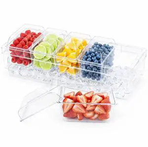 Chilled Condiment Containers with Lids, Plastic Taco Bar Serving Set for Party with 5 Containers, Ice Garnish Tray for Mimosa Bar Supplies, Clear Serving Platter for Fruit, Salad, Snack Chilled Condiment Containers with Lids, Plastic Taco Bar Serving Set for Party with 5 Containers, Ice Garnish Tray for Mimosa Bar Supplies, Clear Serving Platter for Fruit, Salad, Snack
