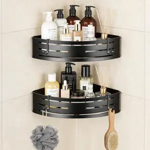 Adhesive Corner Shower Caddy 2 Pack, No Drilling Corner Shelf Bathroom Shower Caddy with Hooks, 2-Tier Bathroom Corner Shelves Shower Caddies, Rust Proof Aluminum Shower Shelf for Inside Shower Adhesive Corner Shower Caddy 2 Pack, No Drilling Corner Shelf Bathroom Shower Caddy with Hooks, 2-Tier Bathroom Corner Shelves Shower Caddies, Rust Proof Aluminum Shower Shelf for Inside Shower