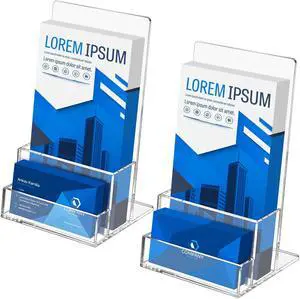 Acrylic Brochure Holder 4 inches with Business Card Holder for 100 Brochures, 2 Pack Clear Display Stand for Magazine, Pamphlet, Booklets, Menu, Journals, Business Card, Trifold Acrylic Brochure Holder 4 inches with Business Card Holder for 100 Brochures, 2 Pack Clear Display Stand for Magazine, Pamphlet, Booklets, Menu, Journals, Business Card, Trifold