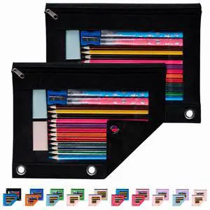 Pencil Pouch for 3 Ring Binder, 2 Pack Binder Pencil Pouch with Clear Window Pencil Bags with Zipper & Reinforced Grommets, Pencil Case for Binder Black & Black Pencil Pouch for 3 Ring Binder, 2 Pack Binder Pencil Pouch with Clear Window Pencil Bags with Zipper & Reinforced Grommets, Pencil Case for Binder Black & Black
