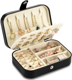 Travel Jewelry Box, PU leather Small Jewelry Organizer For Female Girls, double layer portable mini travel case for storing earrings, rings, necklaces.(Black) Travel Jewelry Box, PU leather Small Jewelry Organizer For Female Girls, double layer portable mini travel case for storing earrings, rings, necklaces.(Black)
