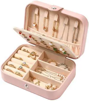 Travel Jewelry Organizer Case, Portable PU Leather Jewelry Box for Rings, Earrings, Necklaces, Bracelets, Double Layer Jewelry Storage Holder for Women Girls, Travel Accessories for Women (Pink) Travel Jewelry Organizer Case, Portable PU Leather Jewelry Box for Rings, Earrings, Necklaces, Bracelets, Double Layer Jewelry Storage Holder for Women Girls, Travel Accessories for Women (Pink)