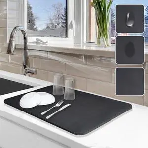 Dish Drying Mat for Kitchen Counter, 12"x19" Dish Drying Pad with Non-slip Rubber Backed, Hide Stain Anti Absorbent for Kitchen Counter, Drying Mat for Coffee Machine Dish Rack (Black) Dish Drying Mat for Kitchen Counter, 12"x19" Dish Drying Pad with Non-slip Rubber Backed, Hide Stain Anti Absorbent for Kitchen Counter, Drying Mat for Coffee Machine Dish Rack (Black)