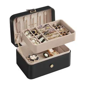 GISELLA Collection - Travel Jewelry Organizer, 2-Layer Jewelry Case Holder with Shiny Metal Hardware, Portable, Premium Velvet, for Earrings Necklaces, Ink Black UJBC166B01 GISELLA Collection - Travel Jewelry Organizer, 2-Layer Jewelry Case Holder with Shiny Metal Hardware, Portable, Premium Velvet, for Earrings Necklaces, Ink Black UJBC166B01