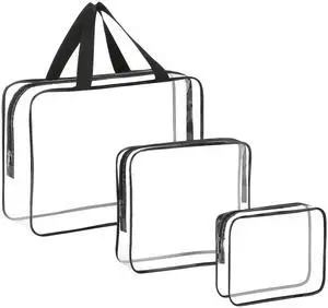 3 Pieces Large Clear Travel Bags for Toiletries, Waterproof Clear Plastic Cosmetic Makeup Bags, Transparent Packing Organizer Storage Bags (Black) 3 Pieces Large Clear Travel Bags for Toiletries, Waterproof Clear Plastic Cosmetic Makeup Bags, Transparent Packing Organizer Storage Bags (Black)