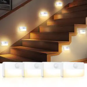 4 Pack Mini Motion Sensor Stair Light for Indoor, Battery-Powered LED Night Light, 40 Lumen 3000K, Cordless Closet Lights, Safe Lights for Stairs, Hallway, Bathroom, Kitchen, Cabinet 4 Pack Mini Motion Sensor Stair Light for Indoor, Battery-Powered LED Night Light, 40 Lumen 3000K, Cordless Closet Lights, Safe Lights for Stairs, Hallway, Bathroom, Kitchen, Cabinet