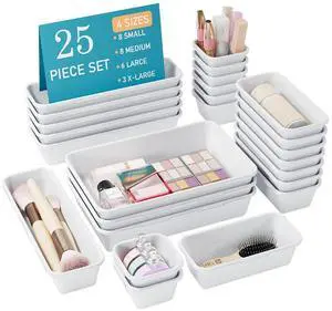 25 PCS White Drawer Organizer Set, 4 Size Interlocking Plastic Storage Bins for Office Supplies, Jewelry Makeup Vanity, Bathroom Kitchen, Home Organization Closet, Gadgets Small Items 25 PCS White Drawer Organizer Set, 4 Size Interlocking Plastic Storage Bins for Office Supplies, Jewelry Makeup Vanity, Bathroom Kitchen, Home Organization Closet, Gadgets Small Items