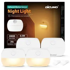 Motion Sensor Night Light, Stick-On Nightlight with Dusk to Dawn Sensor, 20lm, 3000K Warm White, 0.5W, Battery Operated Night Lights LED for Bedroom, Bathroom, Hallway, Stairs, 4-Pack Motion Sensor Night Light, Stick-On Nightlight with Dusk to Dawn Sensor, 20lm, 3000K Warm White, 0.5W, Battery Operated Night Lights LED for Bedroom, Bathroom, Hallway, Stairs, 4-Pack