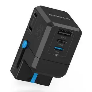 International Travel Adapter, 2 AC Outlets, 25W USB-C 3 USB, Black International Travel Adapter, 2 AC Outlets, 25W USB-C 3 USB, Black
