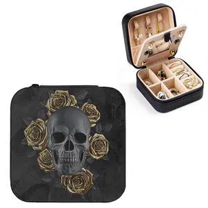 Gothic Skull with Roses Small Travel Jewelry Case with Mirror Gothic Skull with Roses Small Travel Jewelry Case with Mirror
