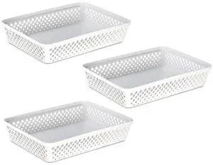 Plastic Storage Basket Set - Multipurpose Drawer Trays, Kitchen Pantry Containers, and Bathroom Bins - 3 Pack Large Organizers, White Plastic Storage Basket Set - Multipurpose Drawer Trays, Kitchen Pantry Containers, and Bathroom Bins - 3 Pack Large Organizers, White